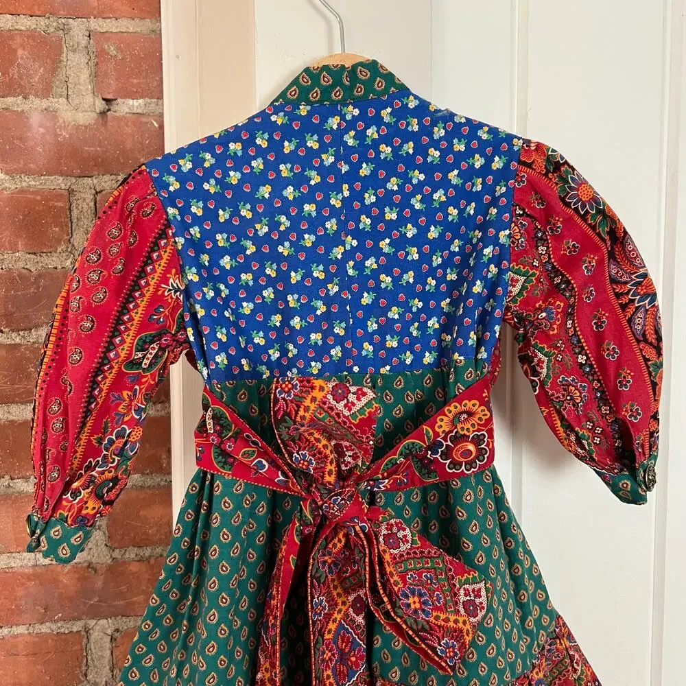 Vintage 70s Girls Prairie Dress Patchwork Floral‎ Cottagecore Folk Red Green 3T